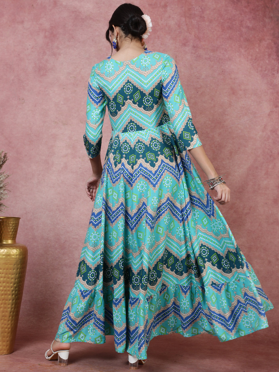 Rayon Ankle Length Printed Flared 3/4 Sleeves Round Kurta