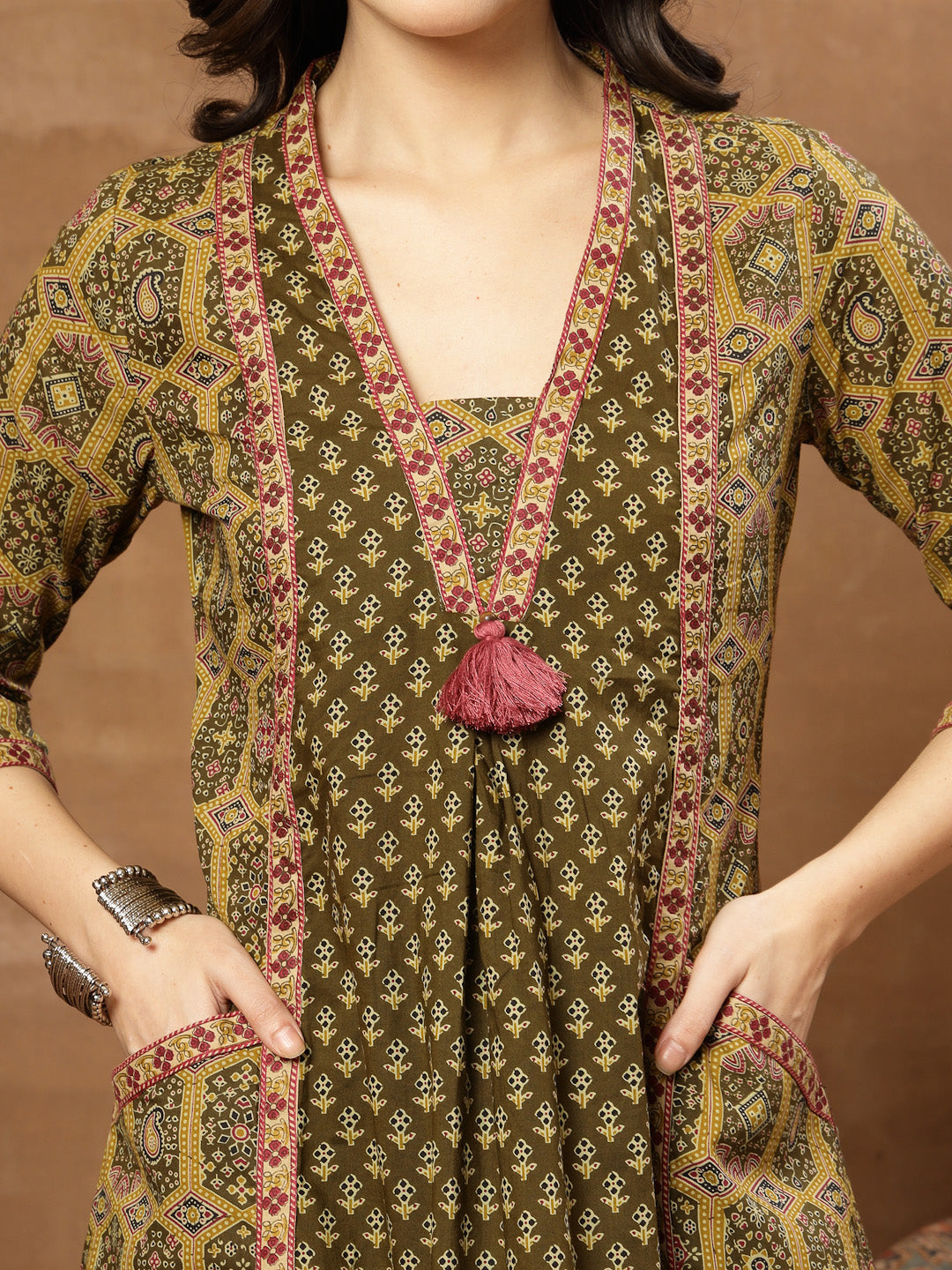 A-Line Printed Cotton V-Neck Kurta Set