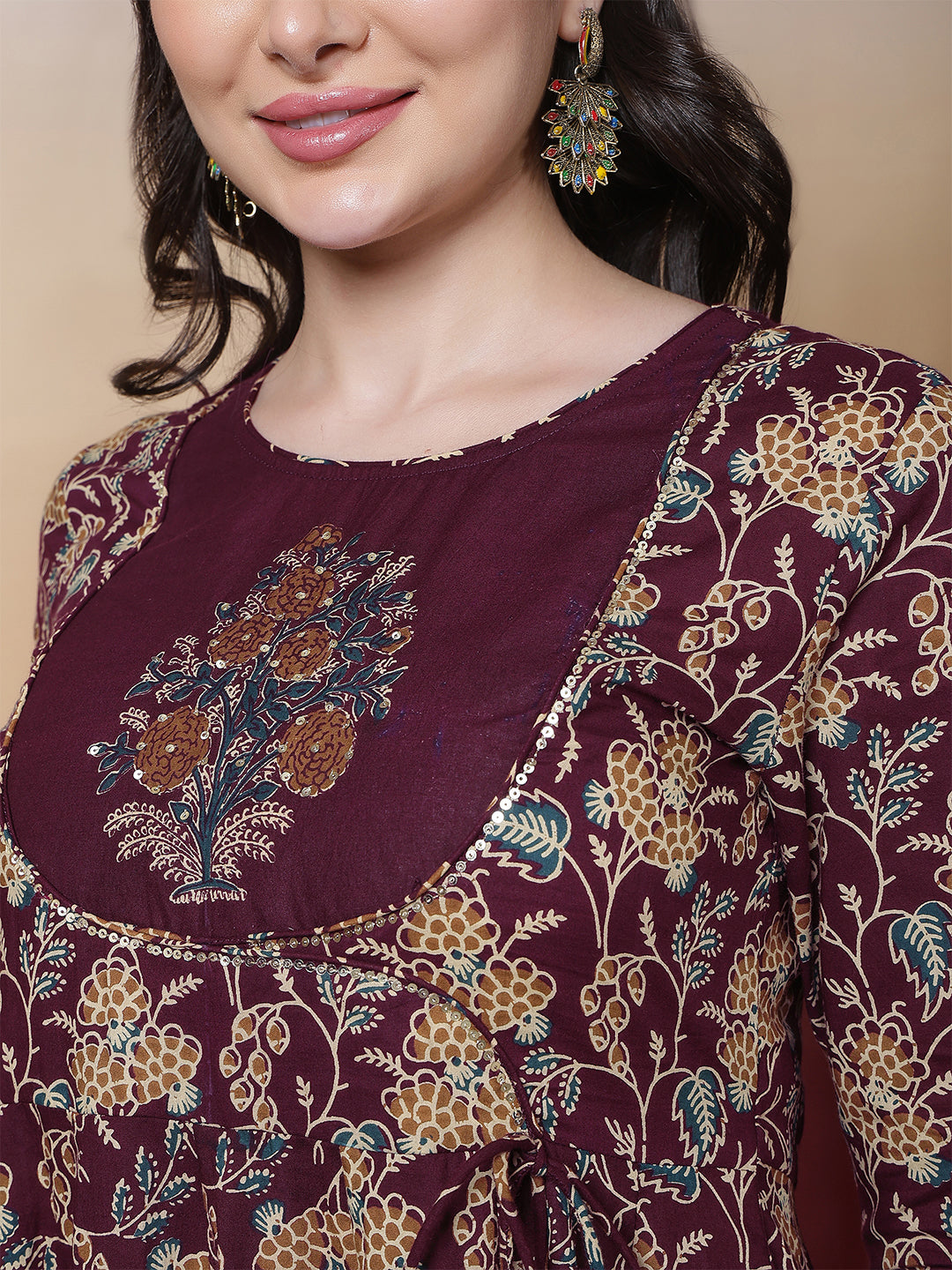 Cotton Calf Length Printed 3/4 Sleeves Round Neck Anarkali Kurta Bottom With Dupatta
