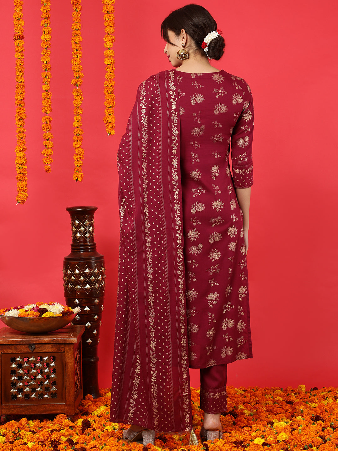 Rayon Calf Length Printed Straight 3/4 Sleeves Round Neck Kurta Bottom Dupatta Set