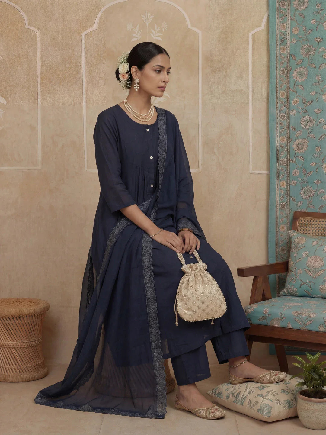 Solid A-Line Front Open Button Kurta Lining Kurta Trouser Dupatta Set