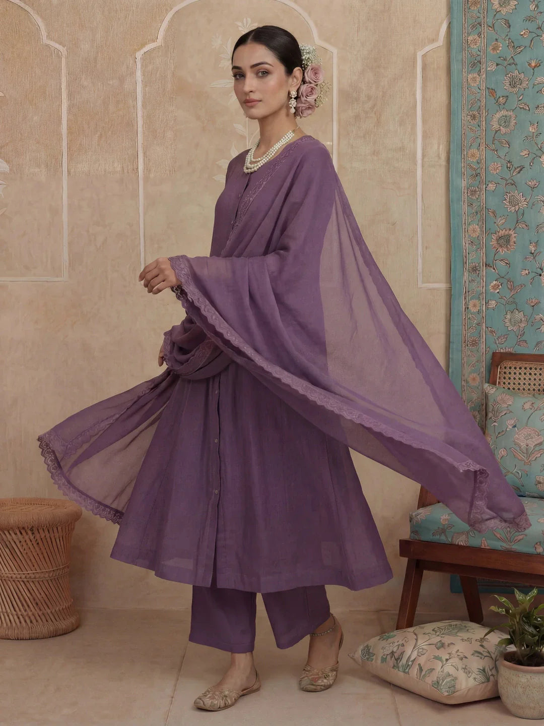 Solid A-Line Design Lining Kurta Trouser Dupatta Set