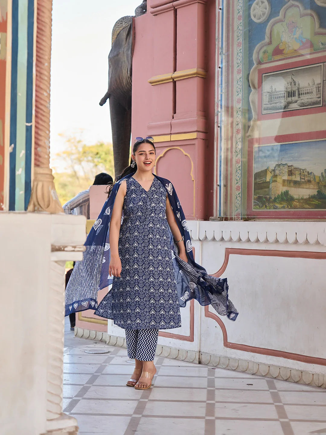 Ethnic Motifs A-Line One Pocket Kurta Trouser Dupatta Set