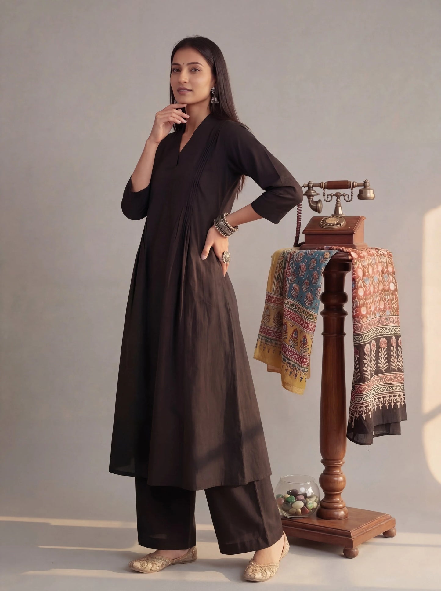 Solid A-Line Design Features Pintuck Pleats Kurta Palazzo Set