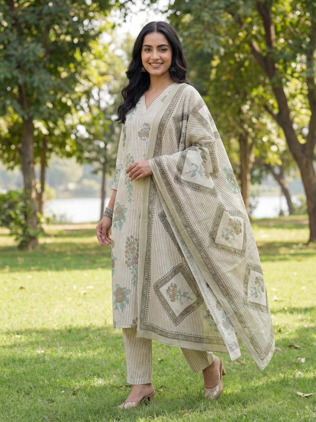 Straight Design Striped And Floral Print With This Kurta Trouser Dupatta Set