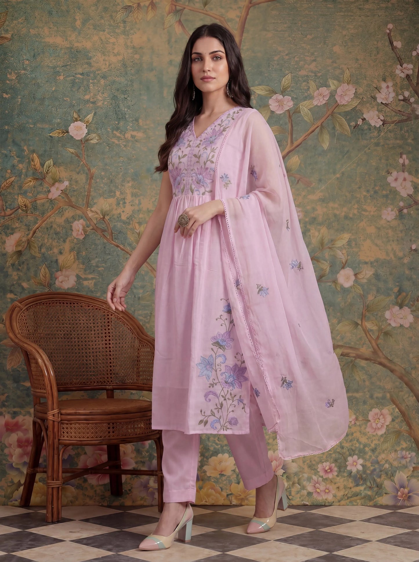 Mull Chanderi Have A Lining Pleated Kurta Dupatta Pant Set