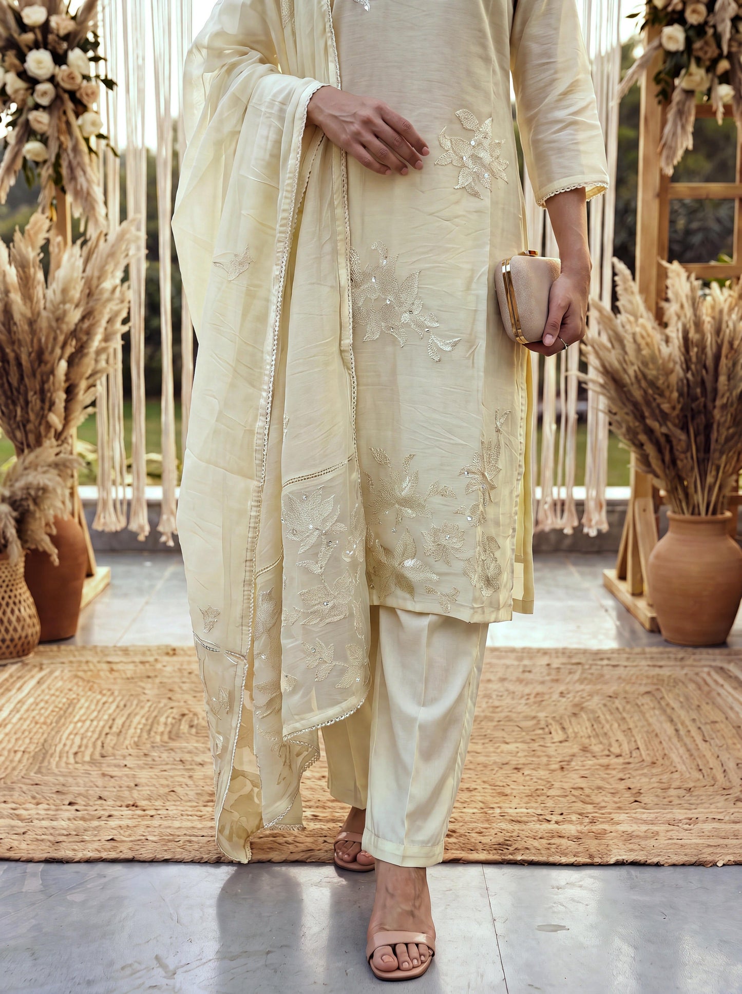 Yellow Chanderi Cotton Lining Kurta Dupatta Pant Set