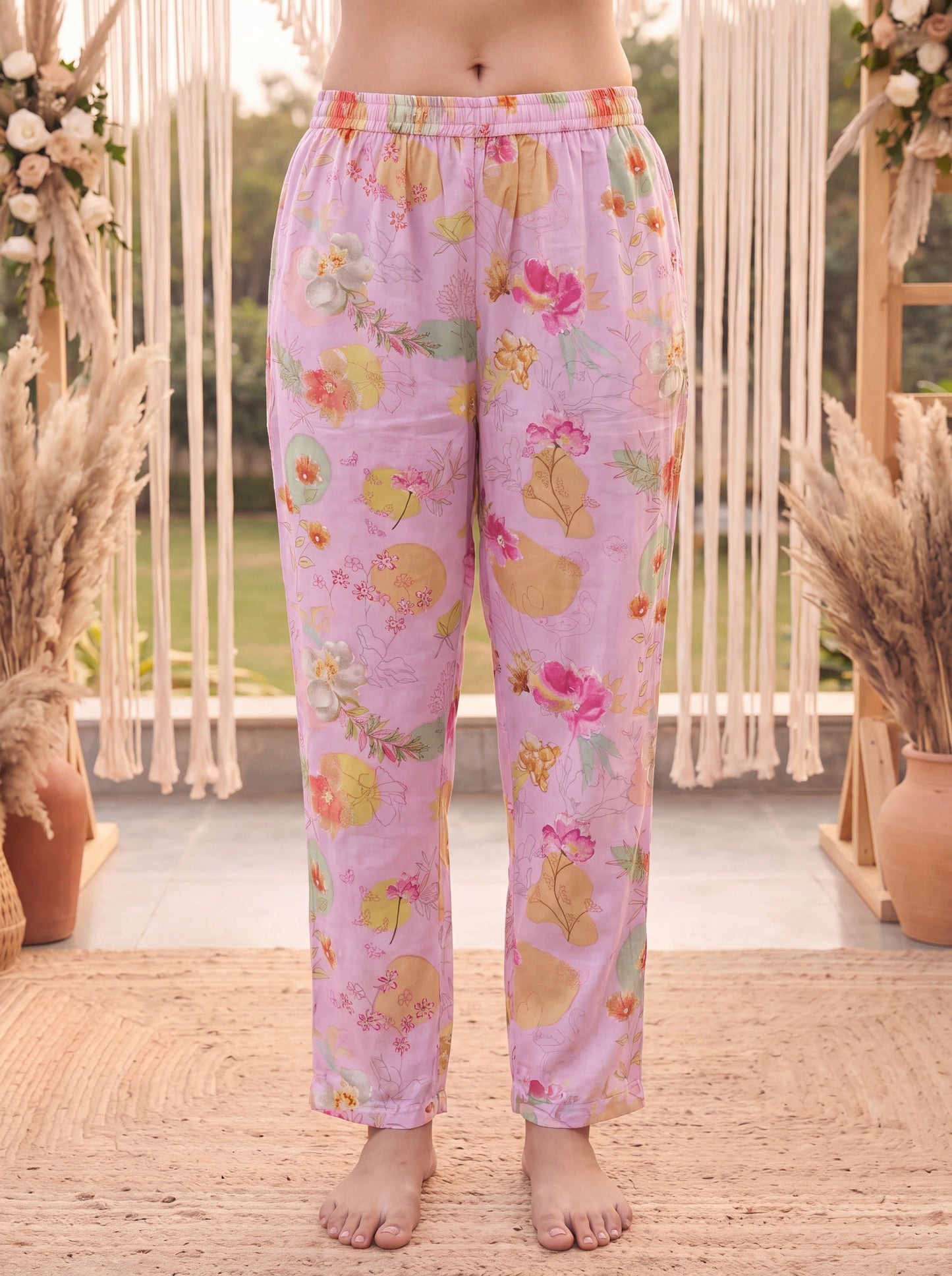 Pink Printed Slik Blend Kurta Dupatta Pant Set