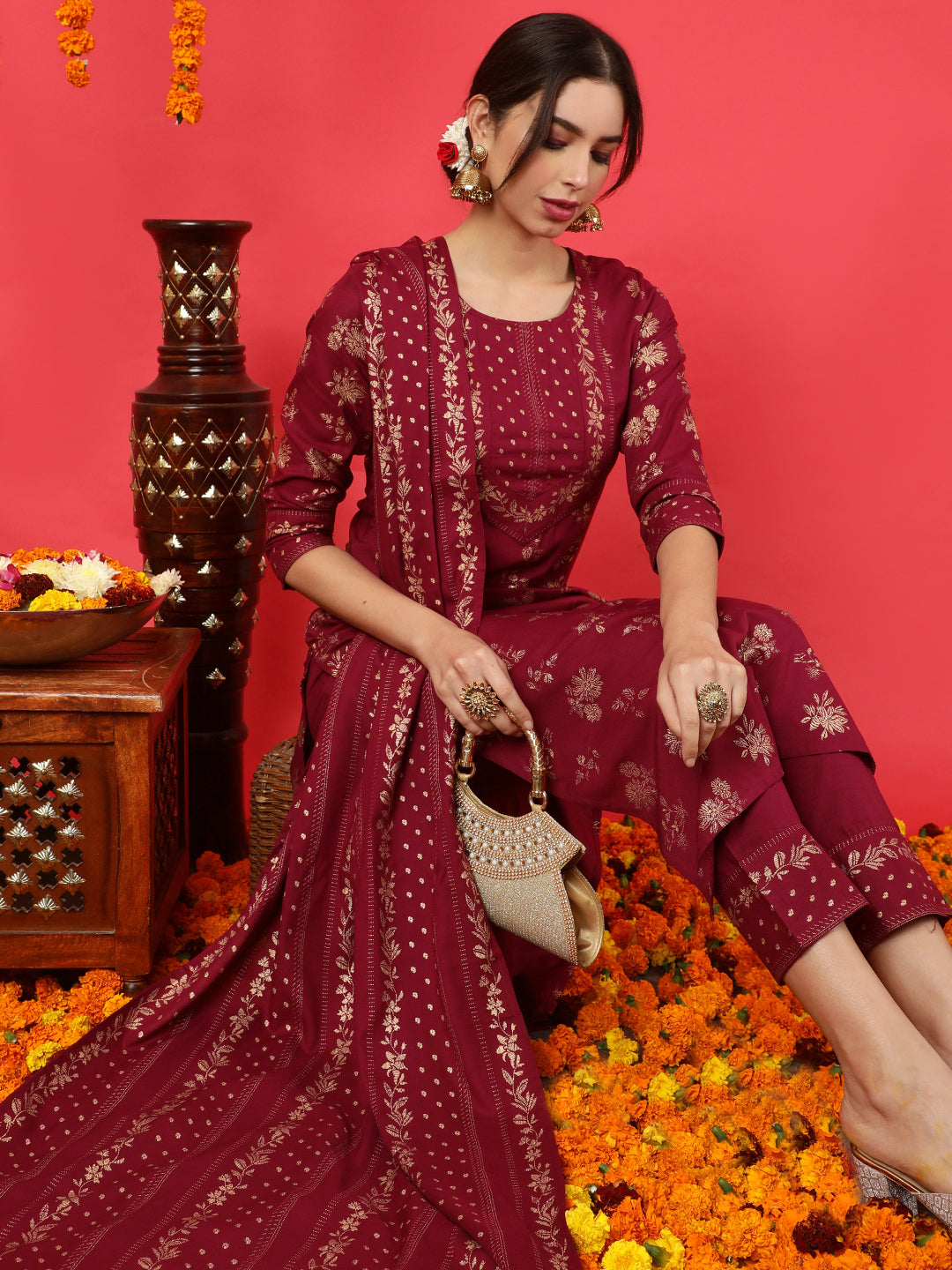 Rayon Calf Length Printed Straight 3/4 Sleeves Round Neck Kurta Bottom Dupatta Set