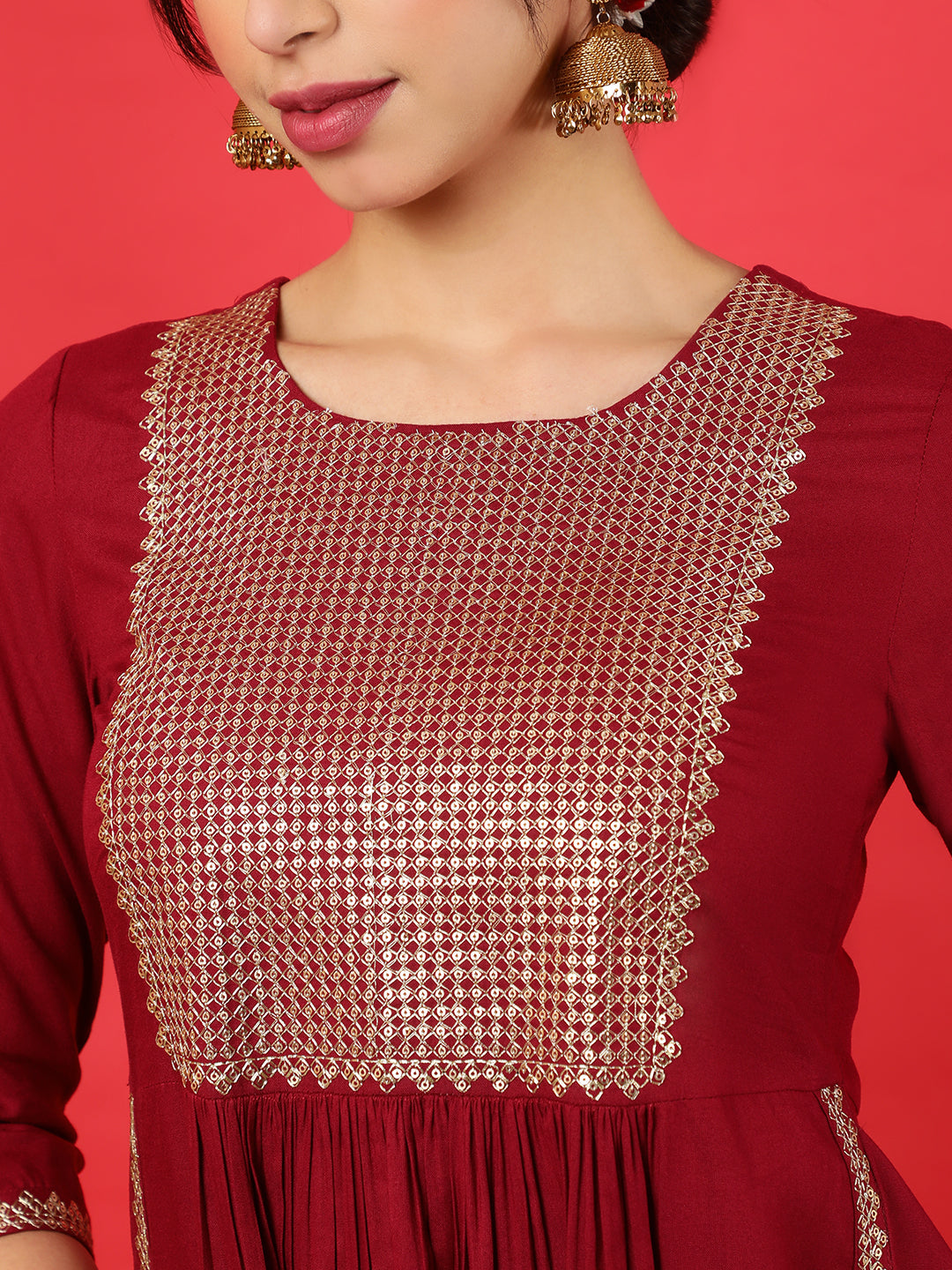 Rayon Calf Length Solid Flared 3/4 Sleeves Round Neck Kurta Bottom Dupatta Set