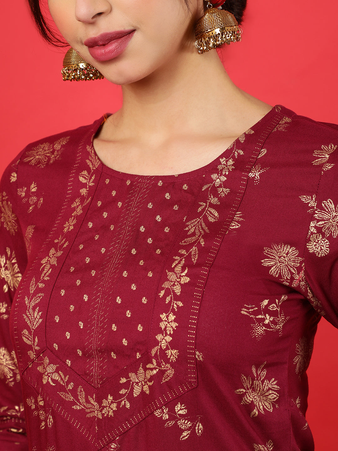 Rayon Calf Length Printed Straight 3/4 Sleeves Round Neck Kurta Bottom Dupatta Set