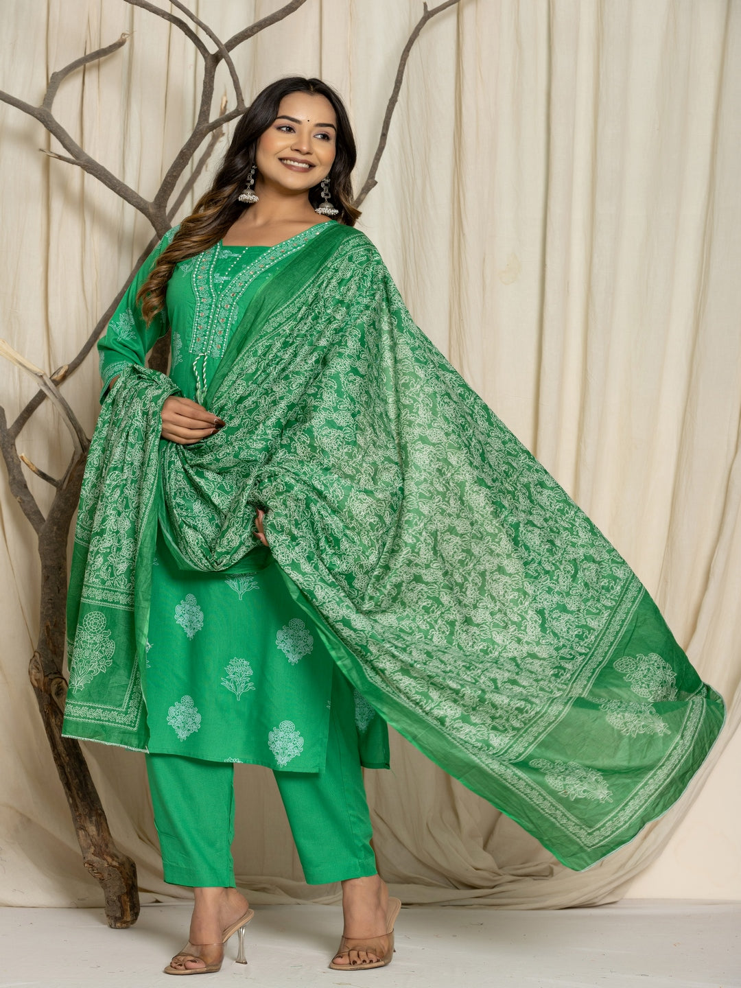 Floral Print Rayon Straight Kurta Set with Trousers & Dupatta