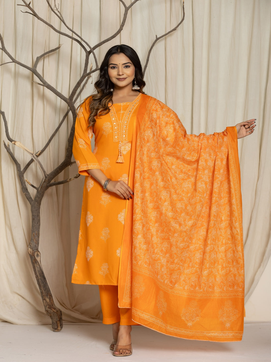 Floral Print Rayon Straight Kurta Set with Trousers & Dupatta