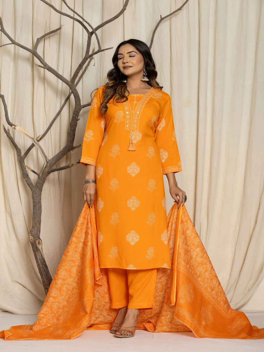 Floral Print Rayon Straight Kurta Set with Trousers & Dupatta