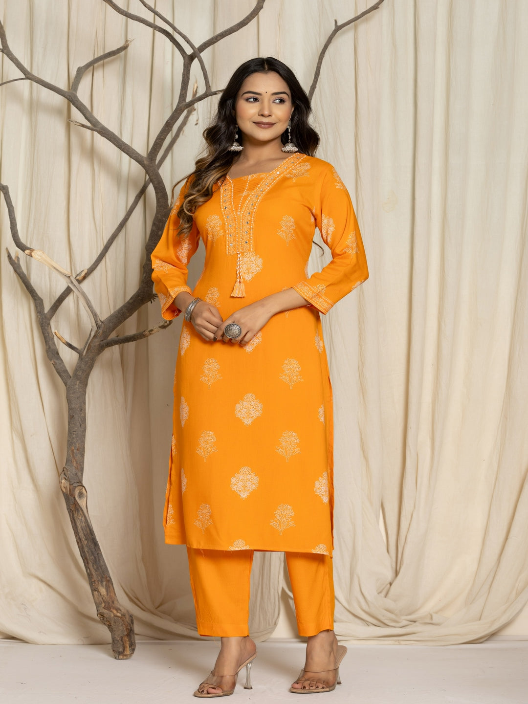 Floral Print Rayon Straight Kurta Set with Trousers & Dupatta
