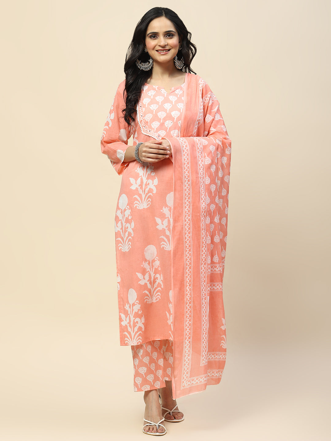 Printed Cotton Straight Kurta Pant With Dupatta Set (Peach)