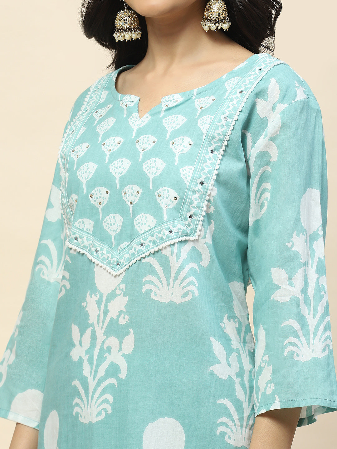 Printed Cotton Straight Kurta Pant With Dupatta Set (Turquoise)