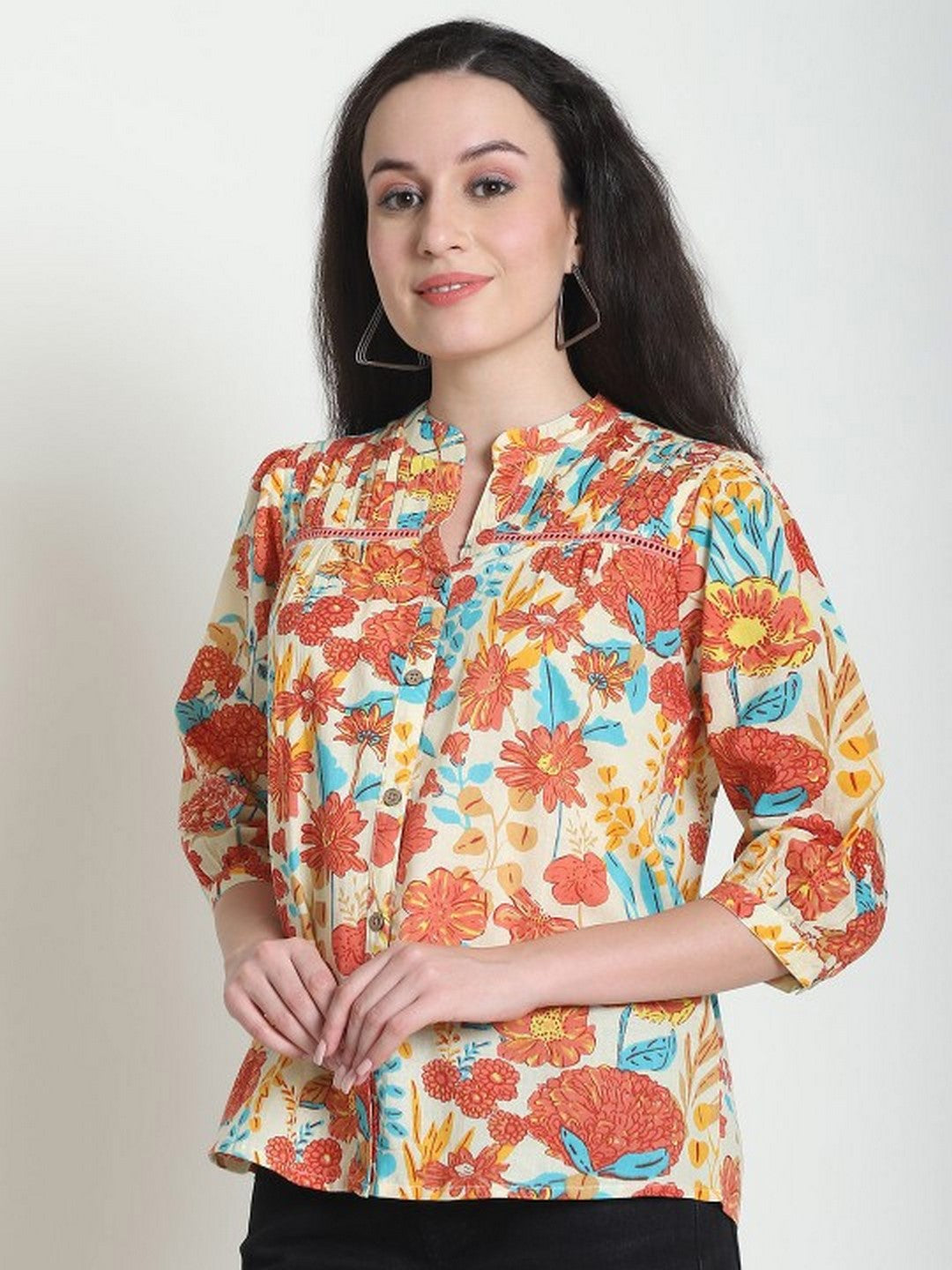 Floral Print Cotton Shirt Style Top