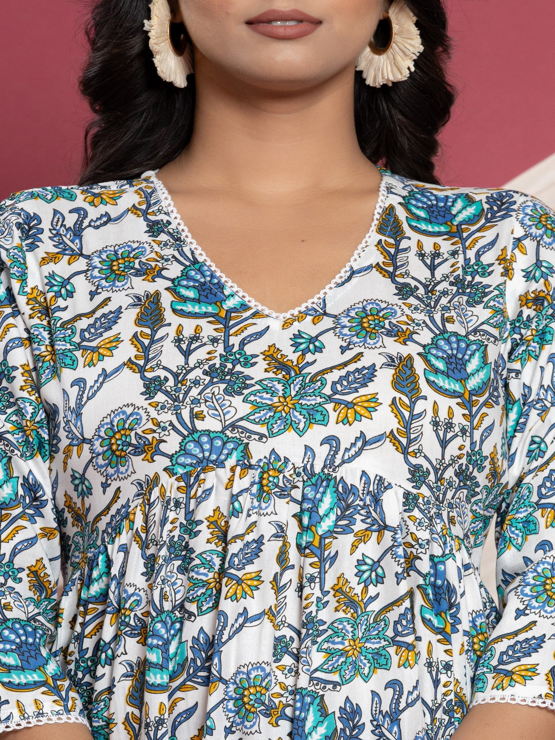 Printed Flared V-Neck Rayon Top