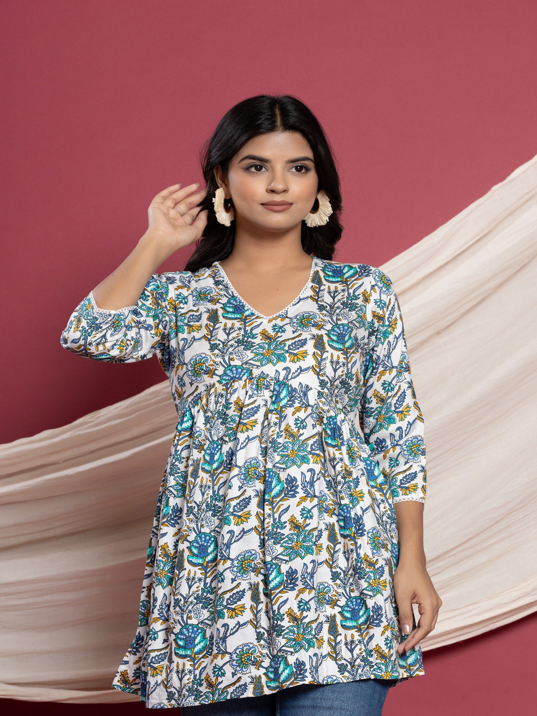 Printed Flared V-Neck Rayon Top