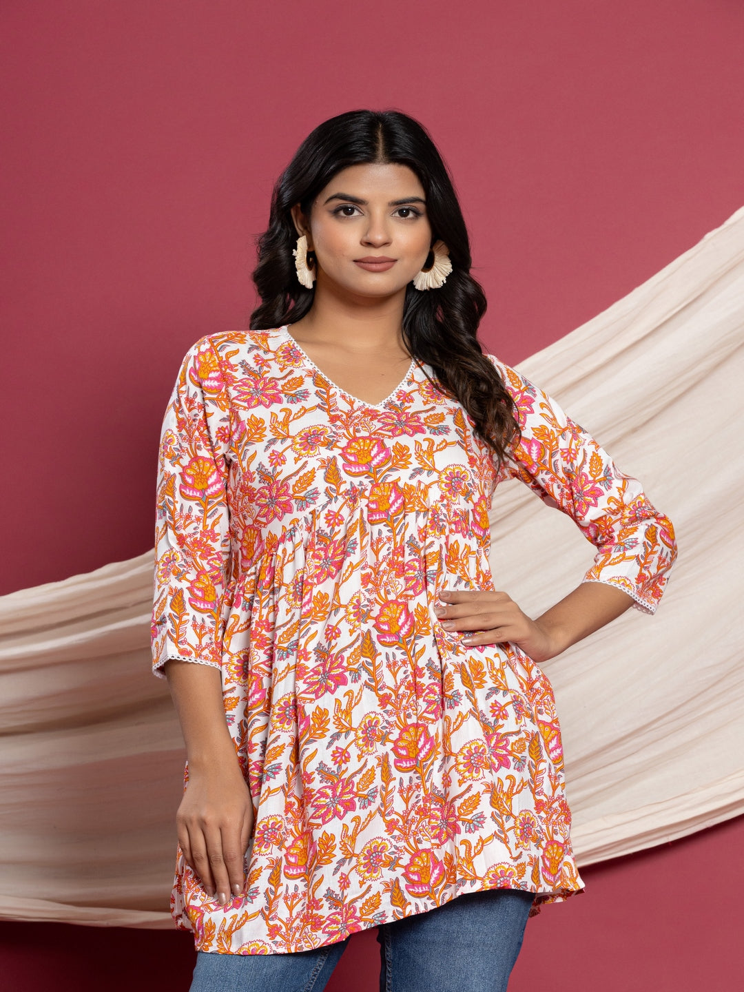 Printed Flared V-Neck Rayon Top