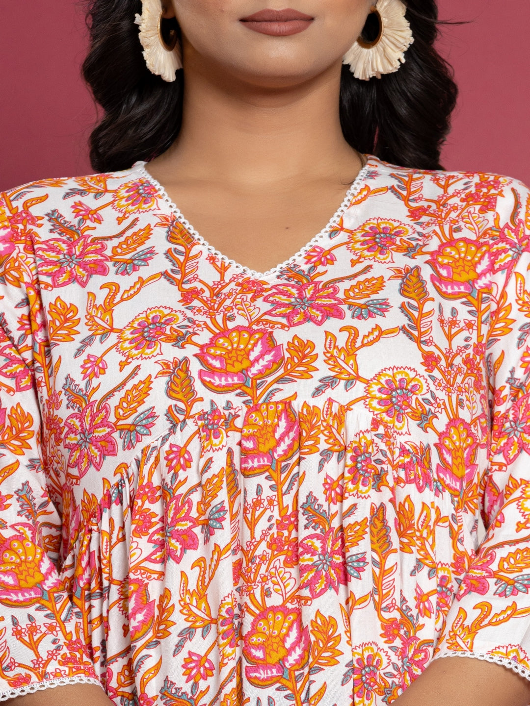 Printed Flared V-Neck Rayon Top