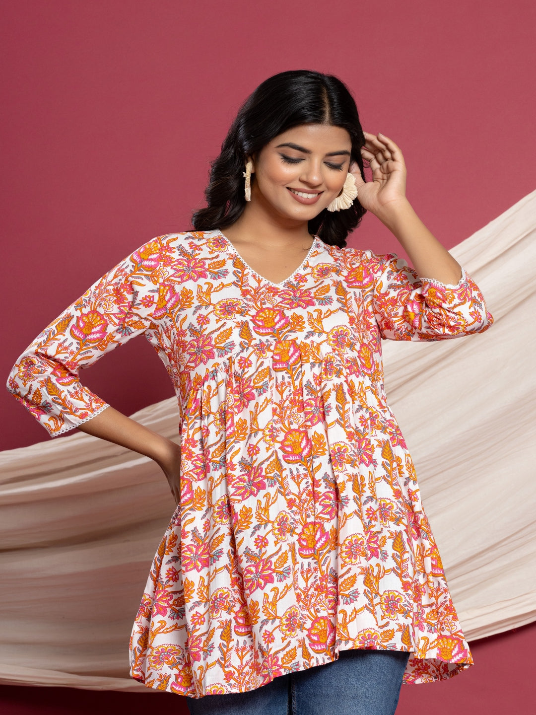 Printed Flared V-Neck Rayon Top