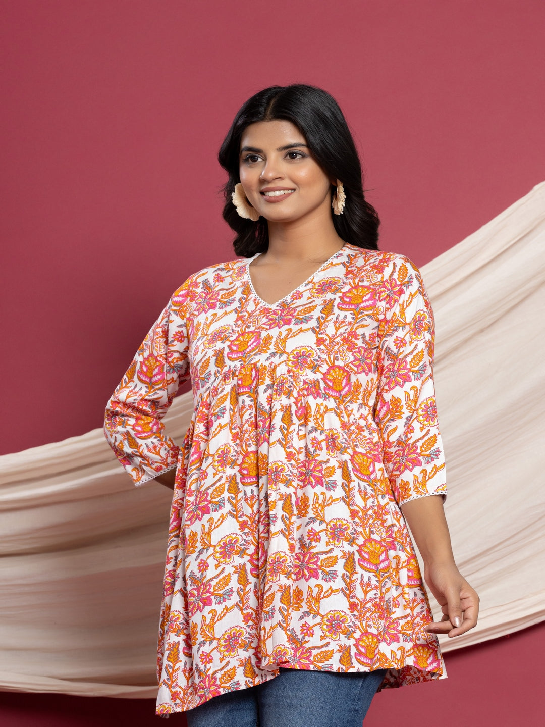 Printed Flared V-Neck Rayon Top