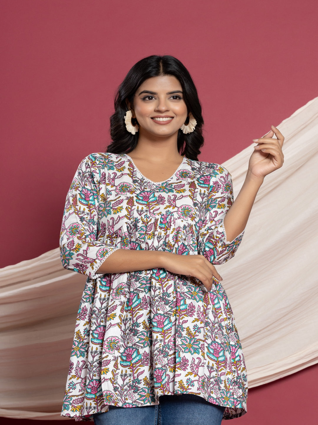 Printed Flared V-Neck Rayon Top