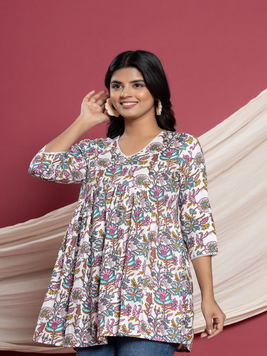 Printed Flared V-Neck Rayon Top