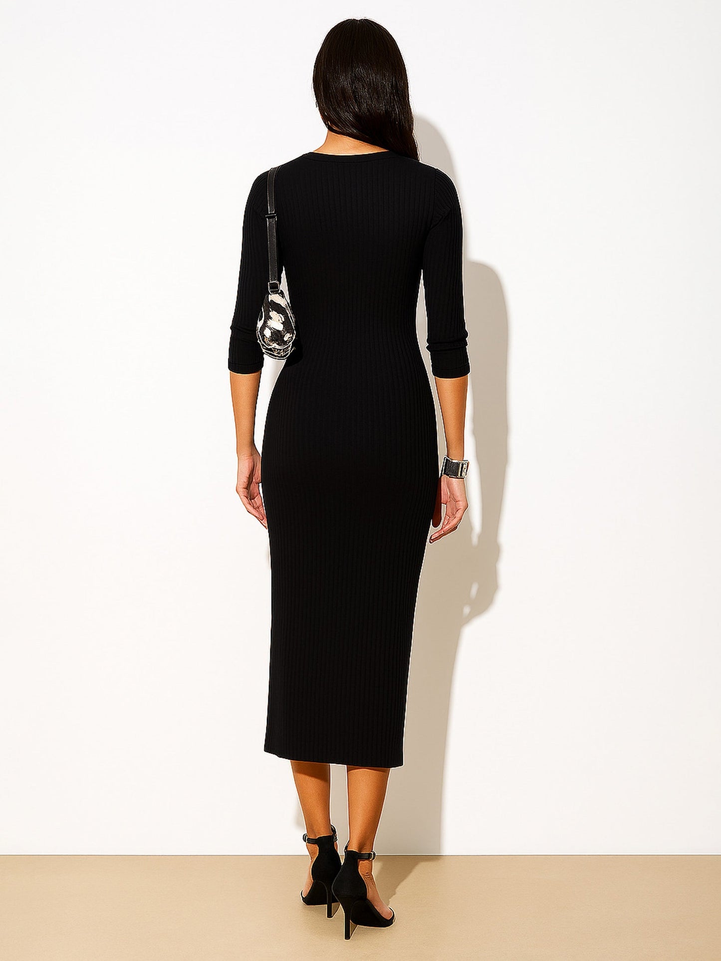 Women Black Rib Full Front Button V-Neck Midi Dress