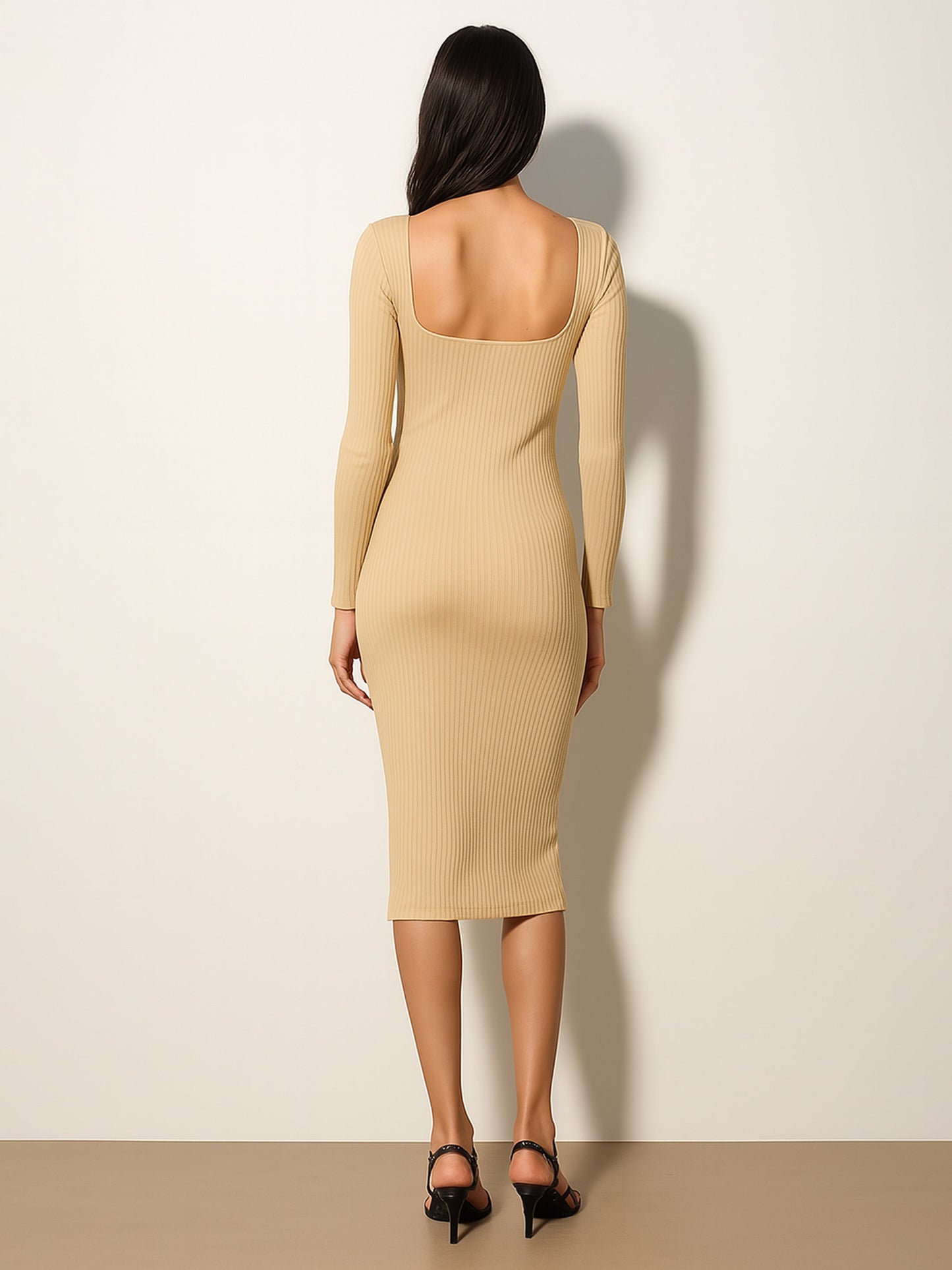 Beige Rib Square Neck FS Midi Dress