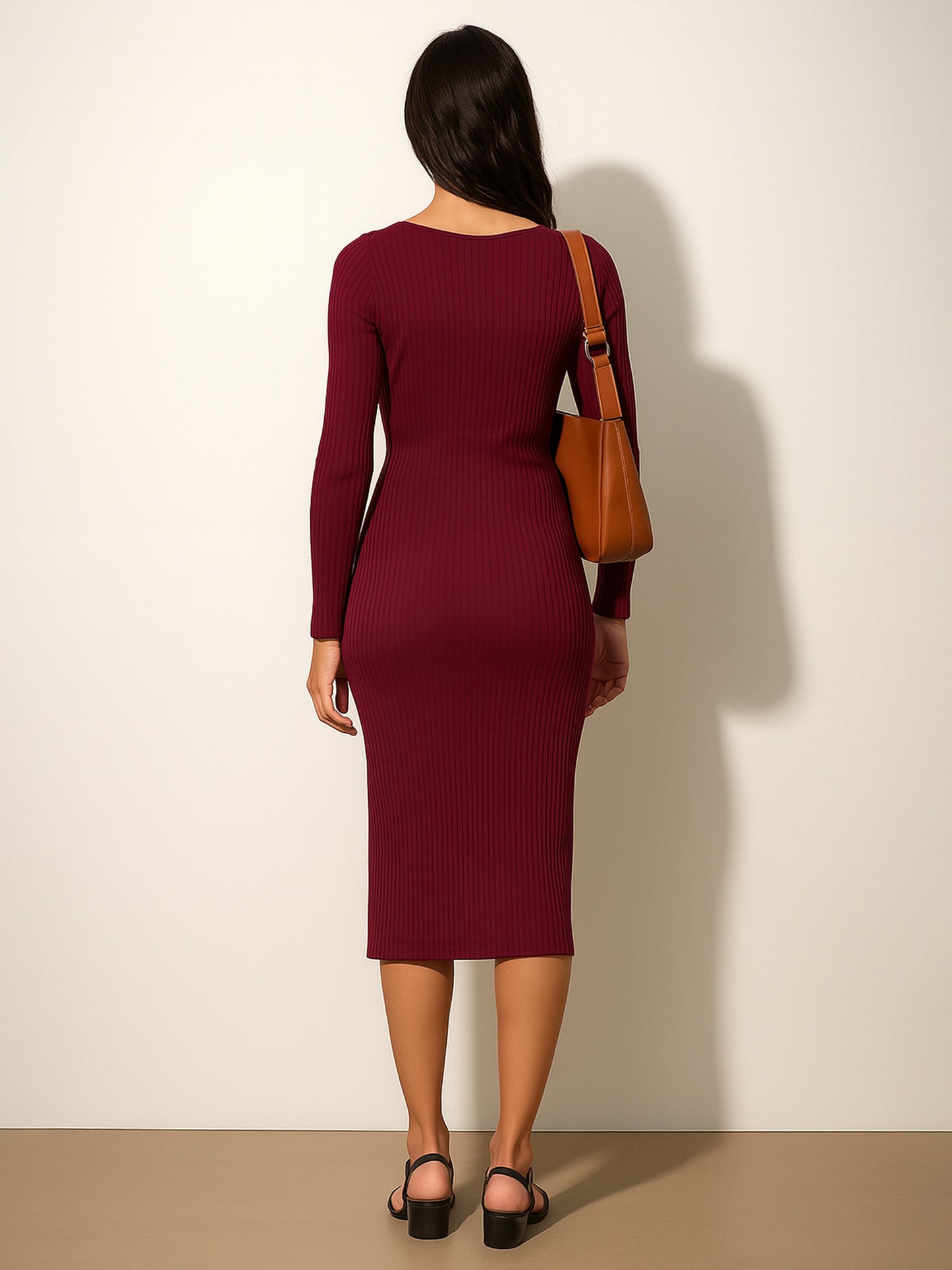 Women Maroon Rib Sweetheart Neck Knee Dress