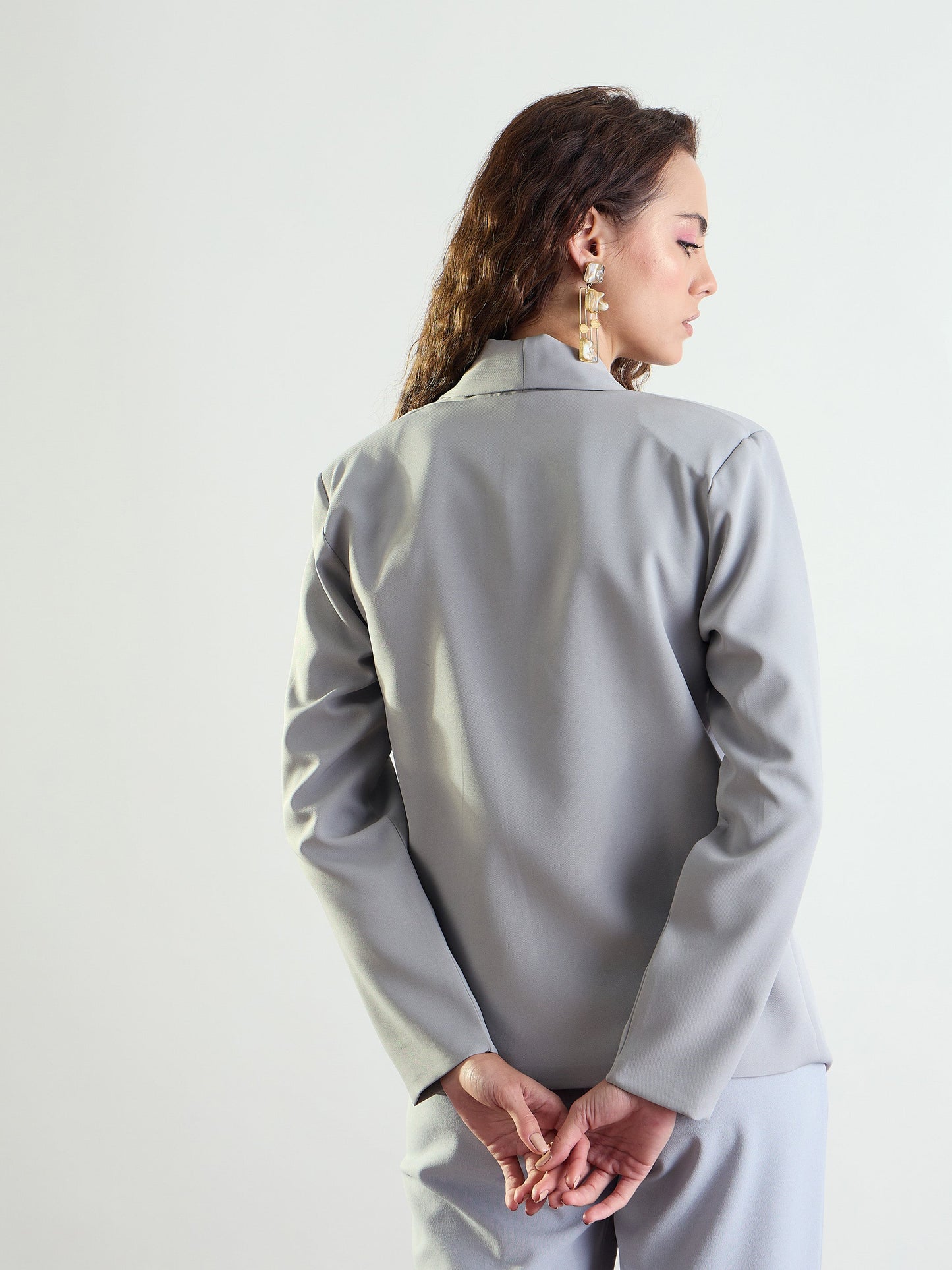 Women Grey Lapel Collar Front Open Blazer