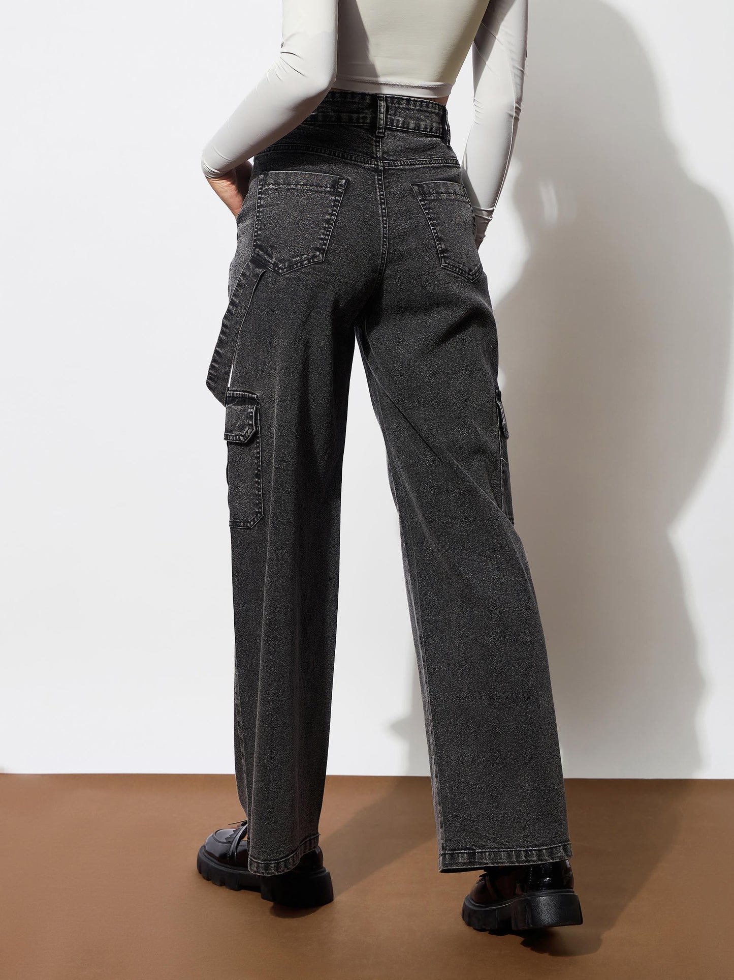 Black Washed Denim Side Pockets Loop Jeans