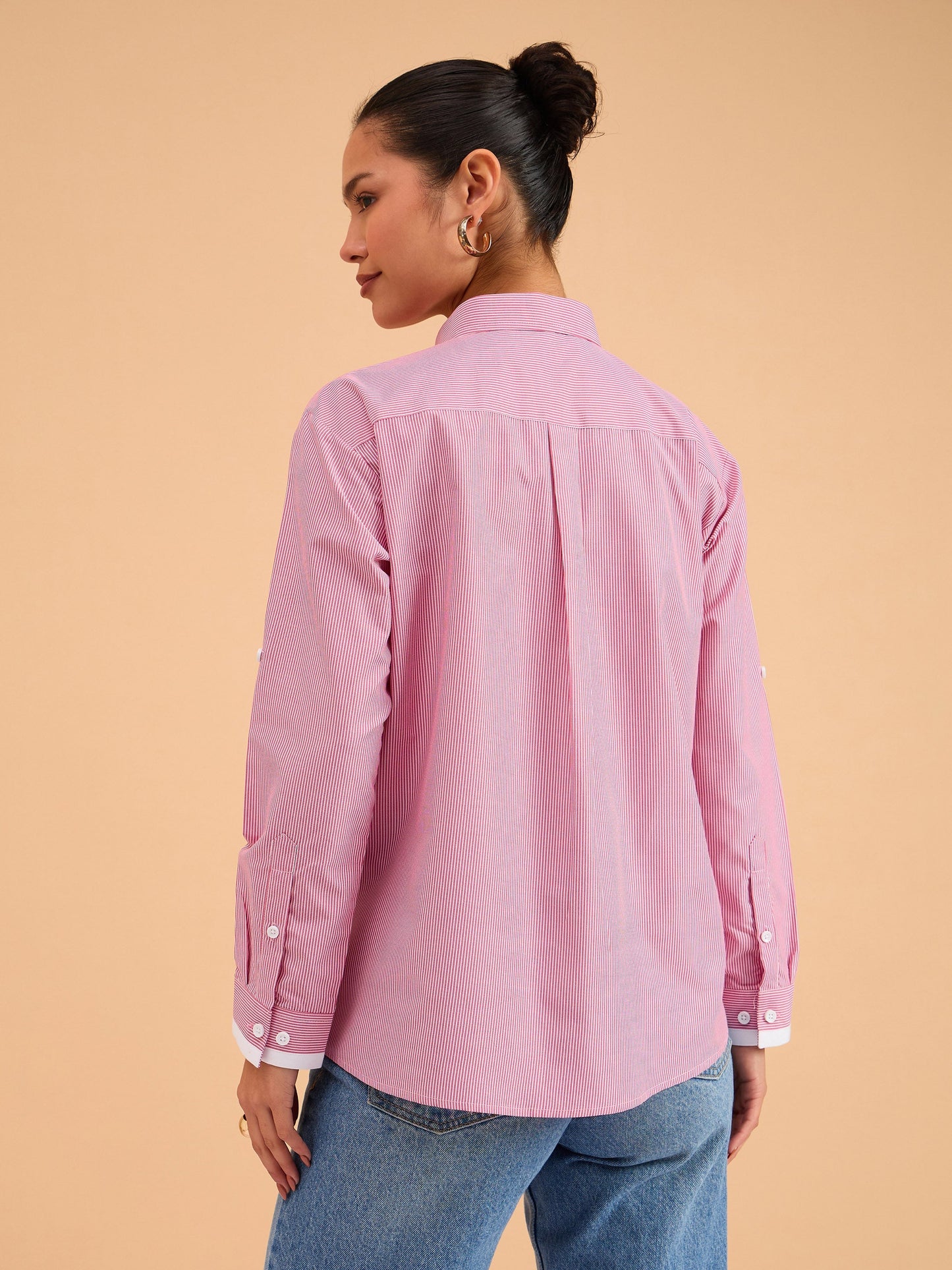 Fuchsia Striped Roll Up Sleeves Shirt