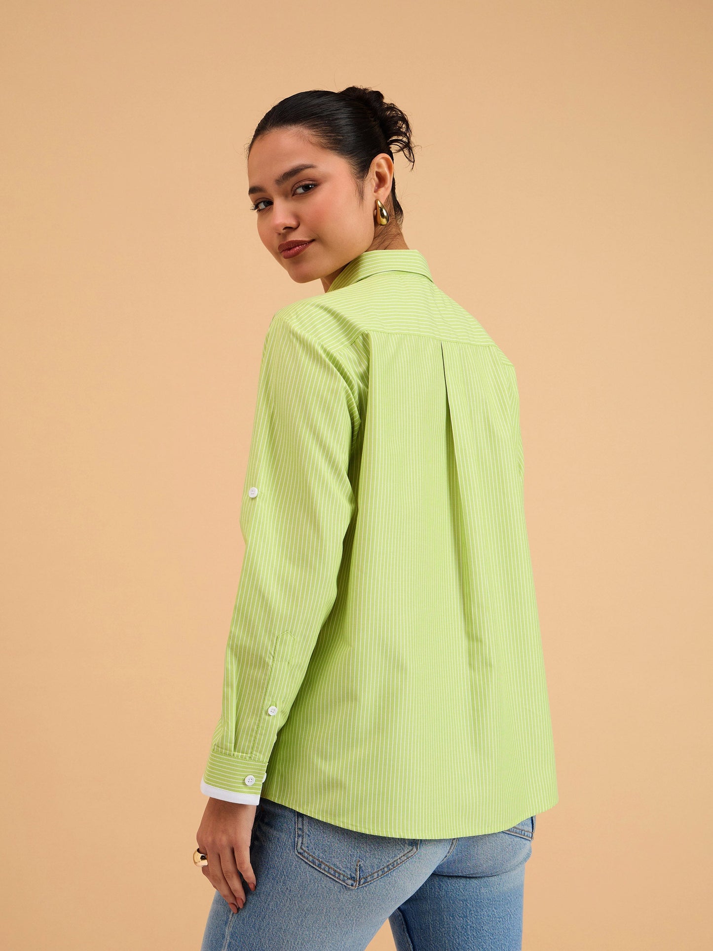 Green Striped Roll Up Sleeves Shirt