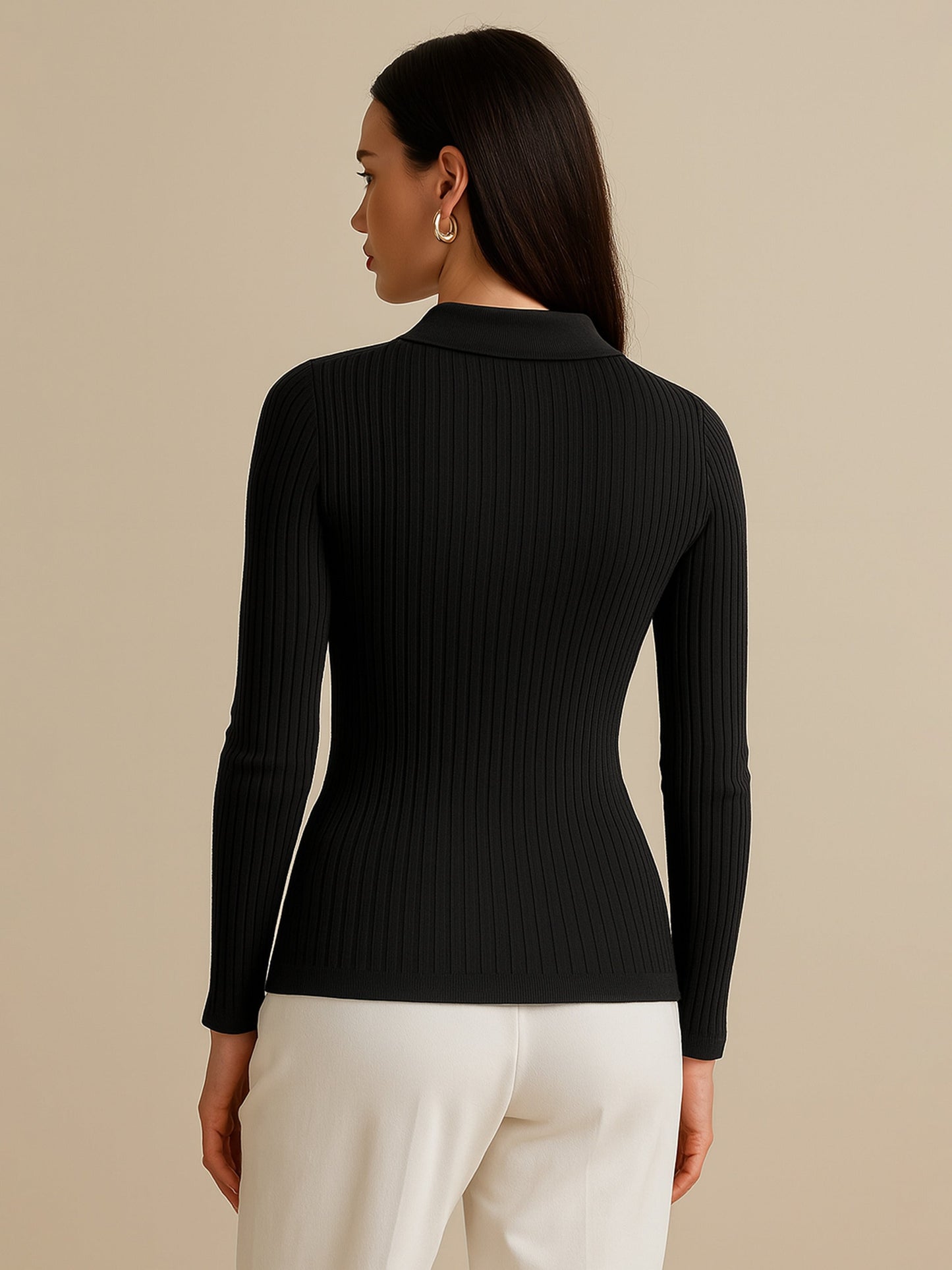 Black Rib Polo Style V-Neck Neck Top