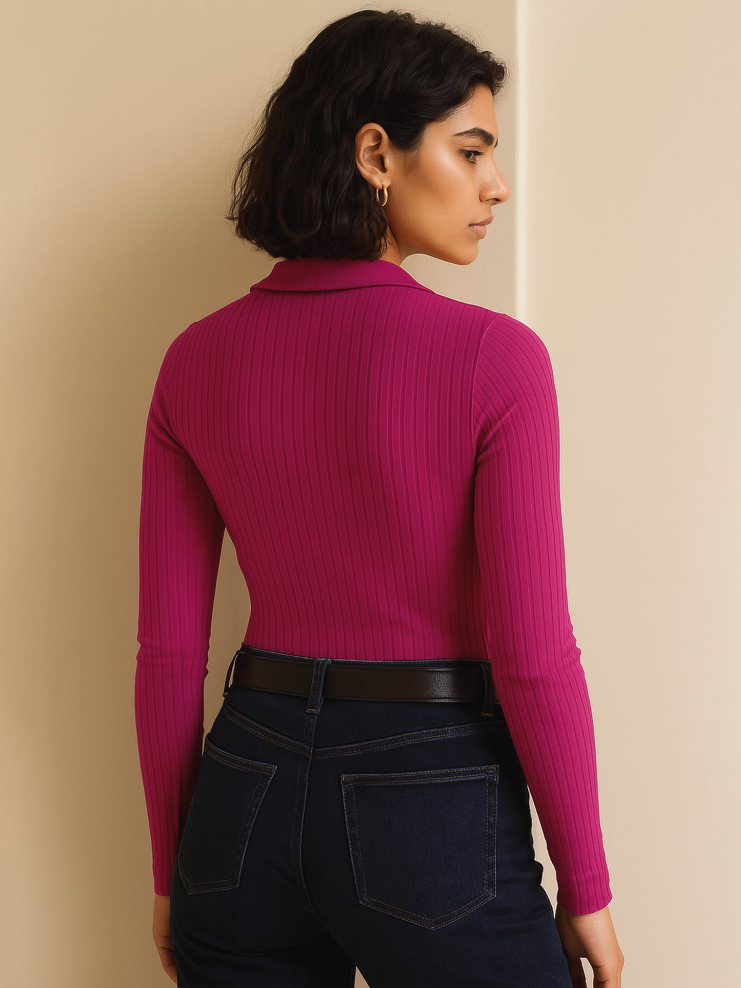 Women Fuchsia Rib Half Zipper Full Sleeves Top