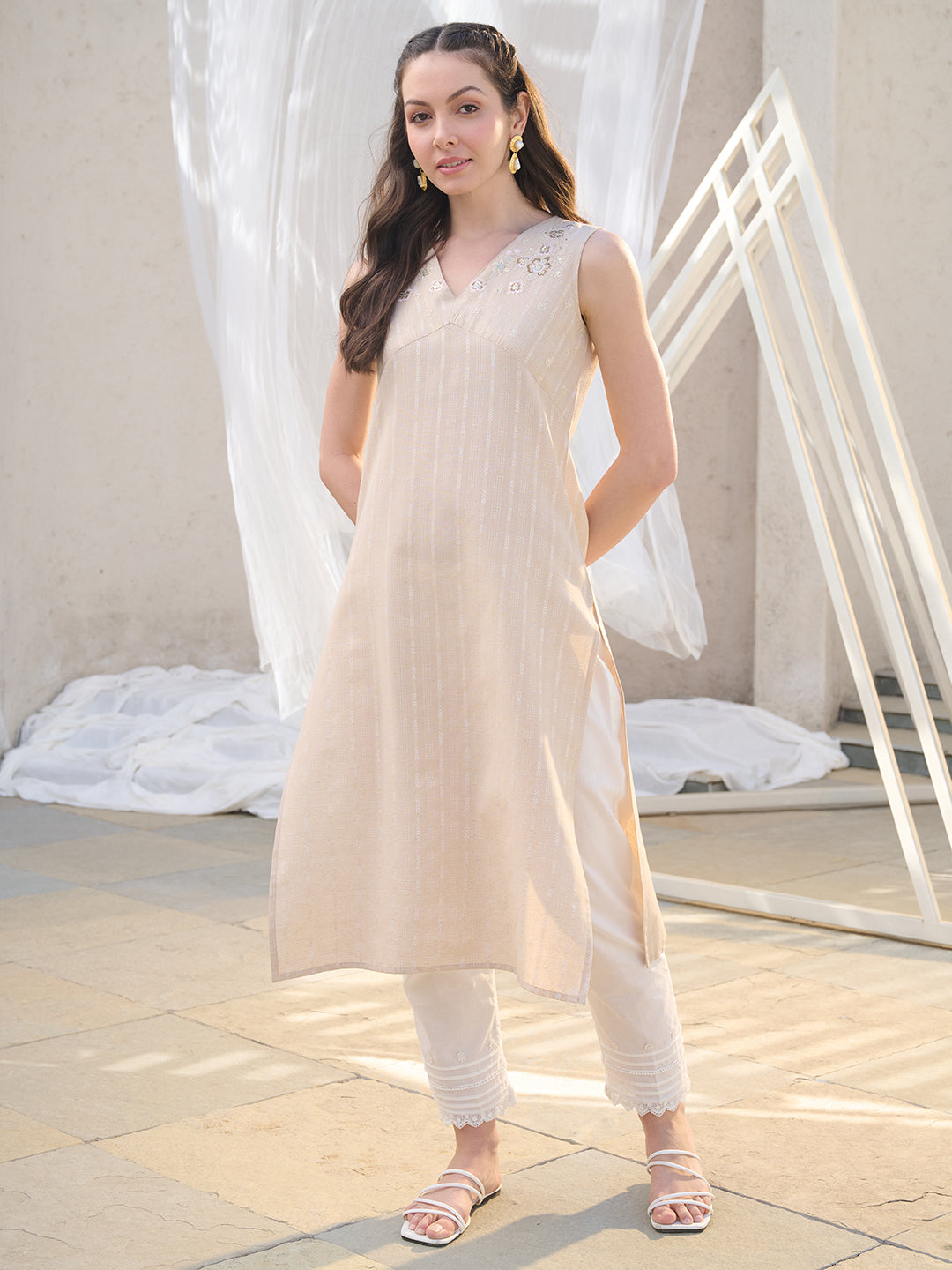 Beige Solid & Embroidered Cotton Blend Straight Kurta