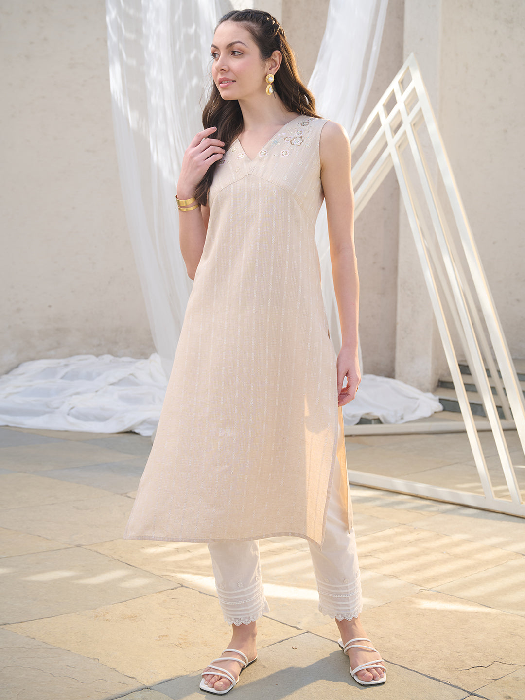 Beige Solid & Embroidered Cotton Blend Straight Kurta