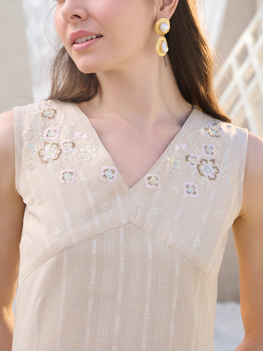 Beige Solid & Embroidered Cotton Blend Straight Kurta