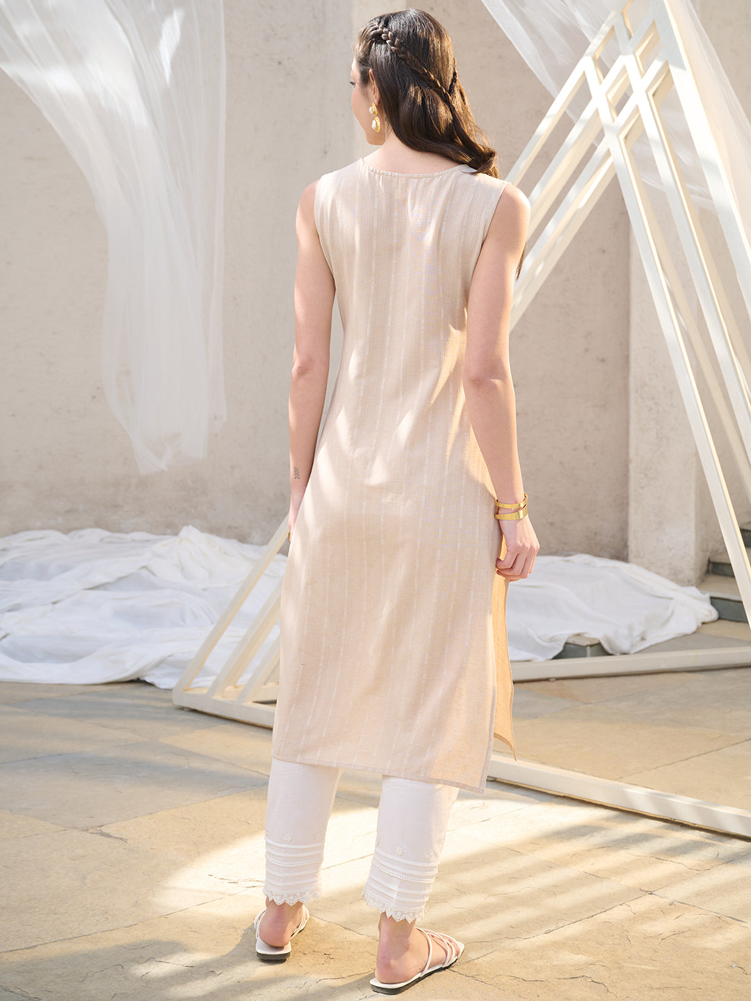 Beige Solid & Embroidered Cotton Blend Straight Kurta