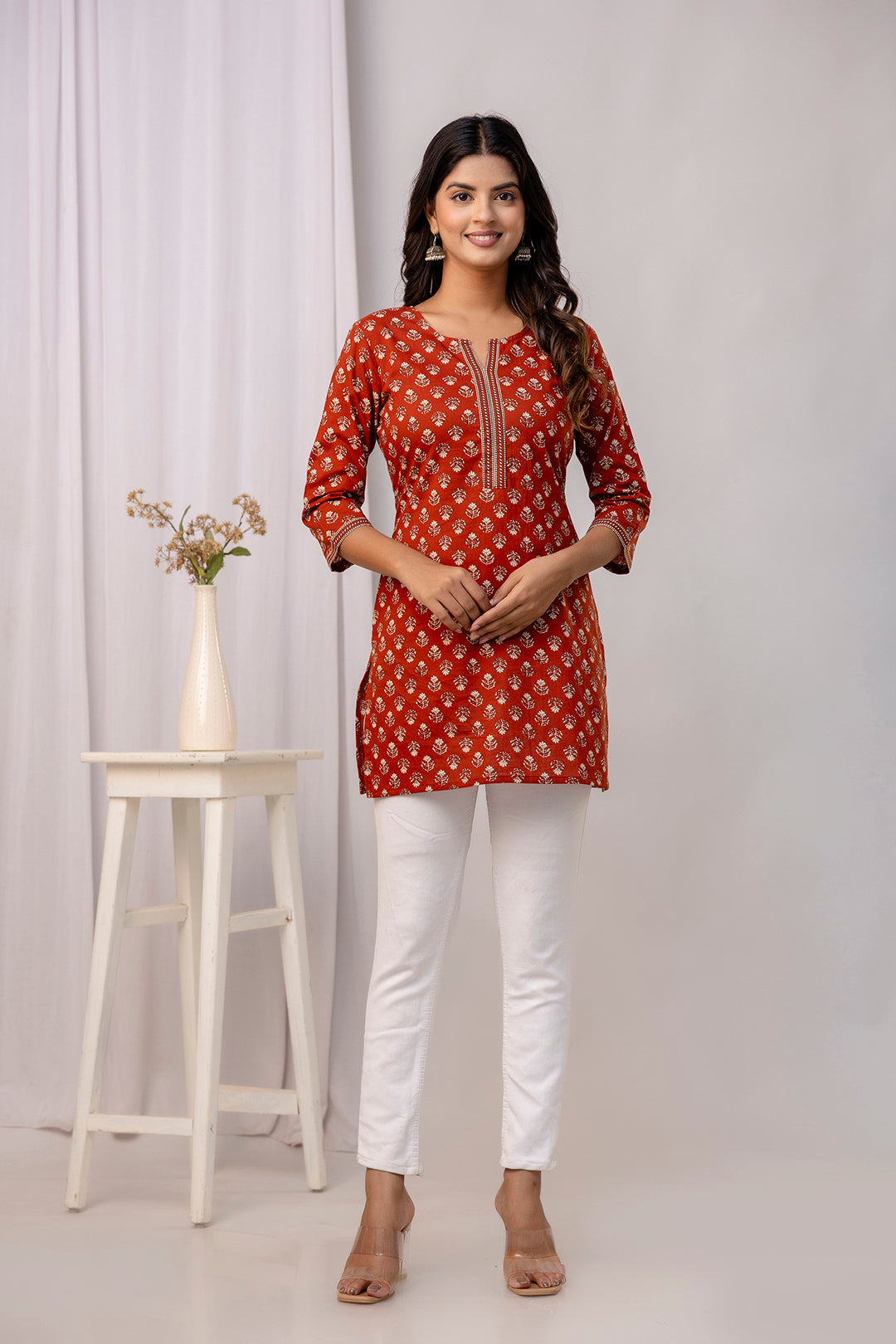 Rust Ethnic Printed Straight Tunic