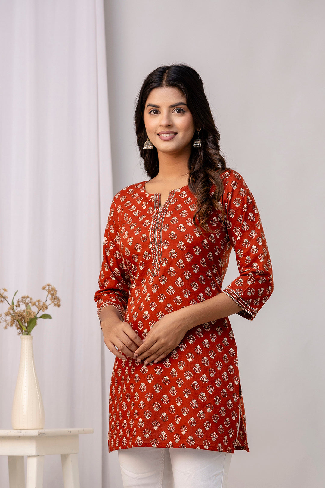 Rust Ethnic Printed Straight Tunic