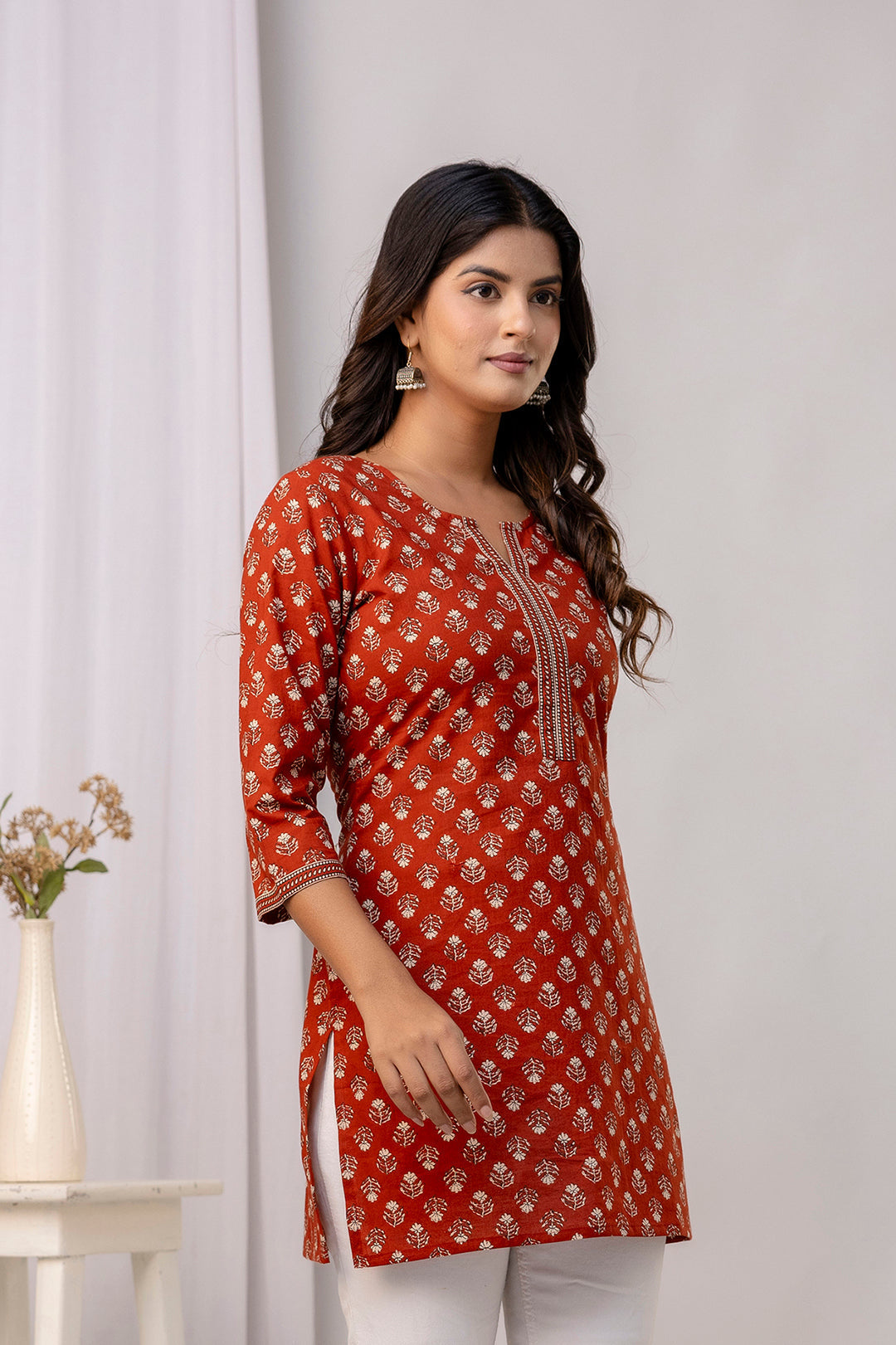 Rust Ethnic Printed Straight Tunic