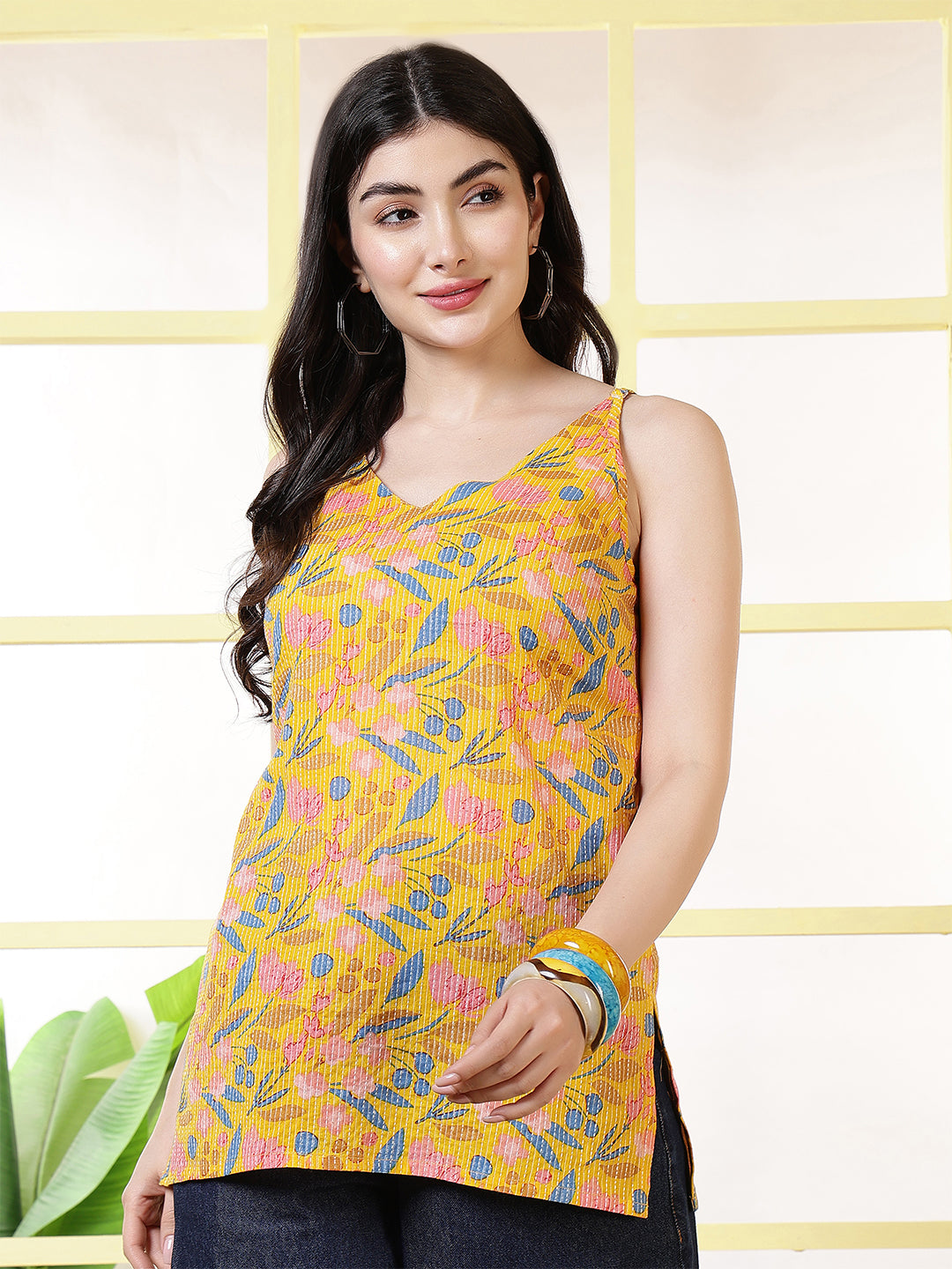 Women Yellow Printed Straight Tunic