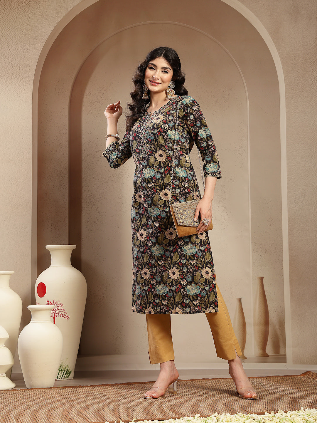 Black Floral Printed Cotton Straight Kurta