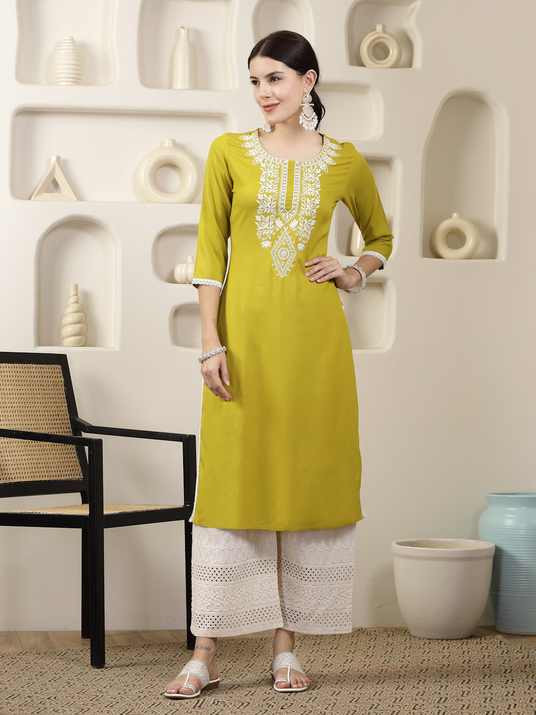 Yellow Solid & Embroidered Rayon Straight Chicken Kurta