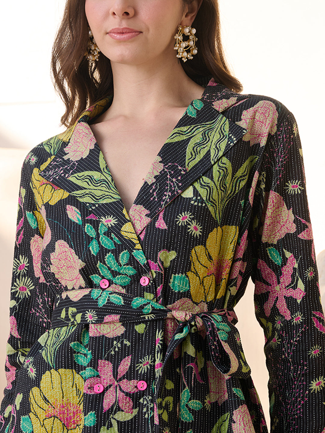 Black Floral Printed Katha Cotton Co-ord Set